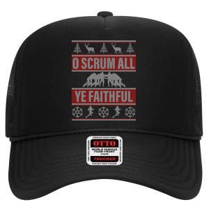 O Scrum All Ye Faithful Ugly Christmas Sweater High Crown Mesh Back Trucker Hat