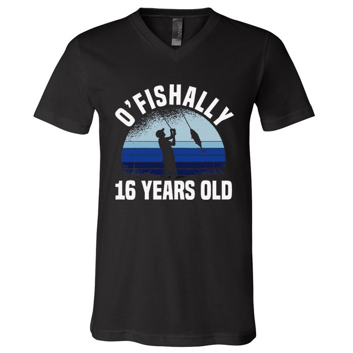 Ofishally 16 Years Old Fisherman 16th Birthday Fishing V-Neck T-Shirt