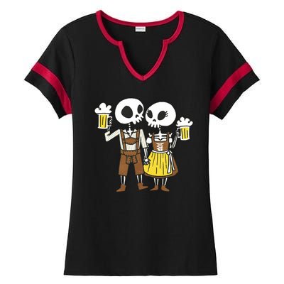 Oktoberfest 2023 Beer Drinking Skeleton Couple Ladies Halftime Notch Neck Tee