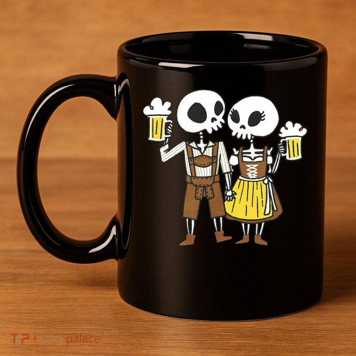 Oktoberfest 2023 Beer Drinking Skeleton Couple 11oz C Handle Ceramic Mug