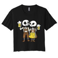 Oktoberfest 2023 Beer Drinking Skeleton Couple Women's Crop Top Tee