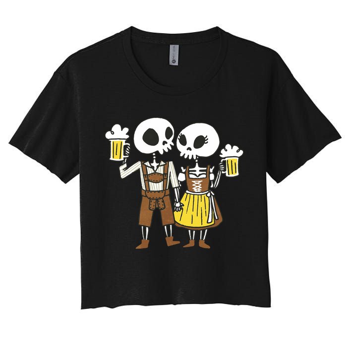 Oktoberfest 2023 Beer Drinking Skeleton Couple Women's Crop Top Tee