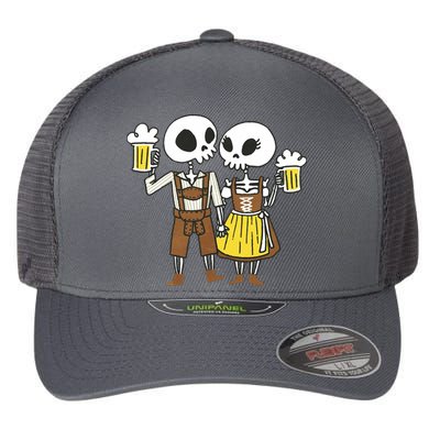 Oktoberfest 2023 Beer Drinking Skeleton Couple Flexfit Unipanel Trucker Cap