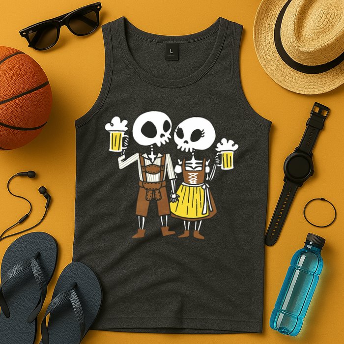 Oktoberfest 2023 Beer Drinking Skeleton Couple Tank Top