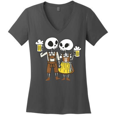 Oktoberfest 2023 Beer Drinking Skeleton Couple Women's V-Neck T-Shirt