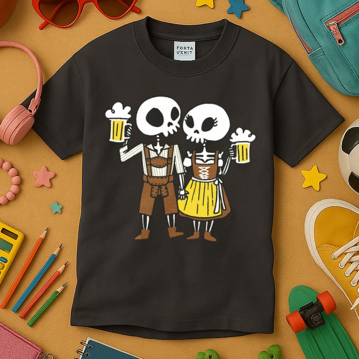 Oktoberfest 2023 Beer Drinking Skeleton Couple Kids T-Shirt