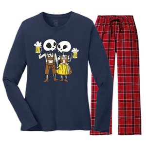 Oktoberfest 2023 Beer Drinking Skeleton Couple Women's Long Sleeve Flannel Pajama Set 