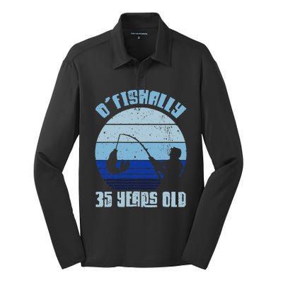 O'Fishally 35 Years Old Retro Vintage Fishing Bday Party Silk Touch Performance Long Sleeve Polo