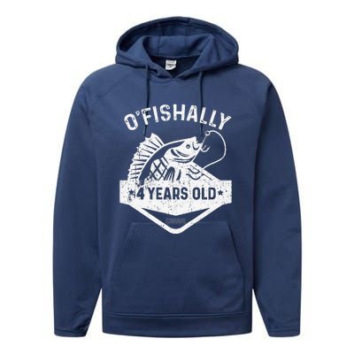 O'fishally 4 Years Old Funny Officially 4th Bday Fishing Performance Fleece Hoodie