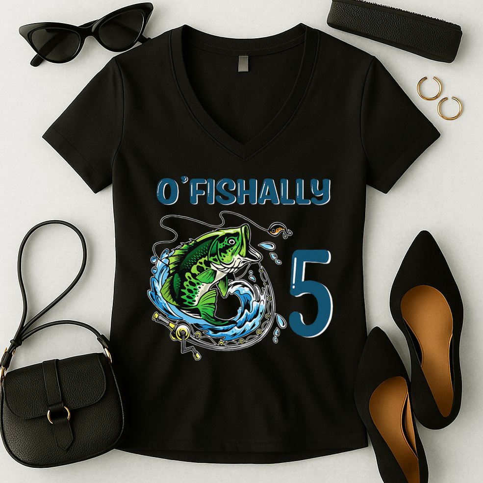 OFishally 5 Years Old Fisherman 5th Birthday Fishing Women's V-Neck T-Shirt