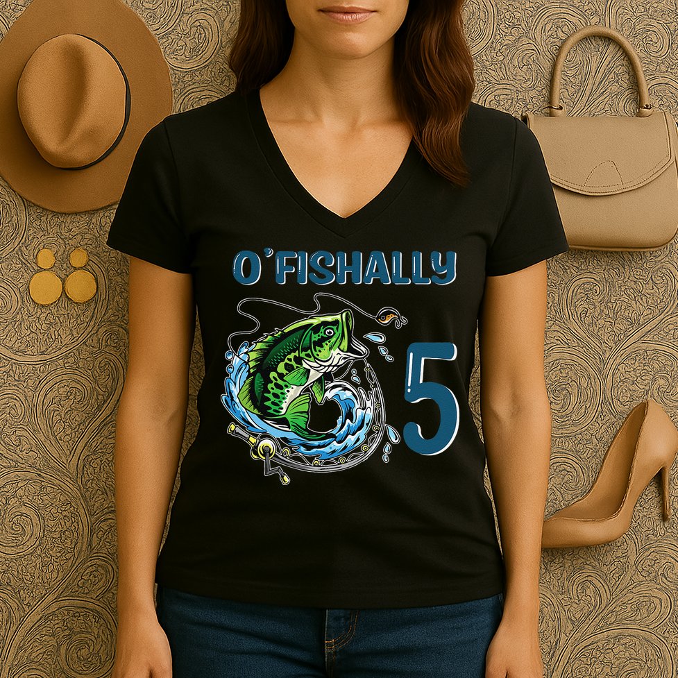 OFishally 5 Years Old Fisherman 5th Birthday Fishing Women's V-Neck T-Shirt