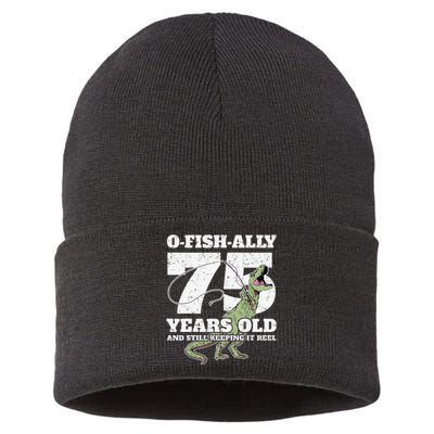 OFishAlly 75 Years Old Fishing Dinosaur 75th Birthday Sustainable Knit Beanie