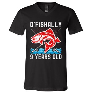 OFishally 9 Years Old Funny Birthday Fishing V-Neck T-Shirt