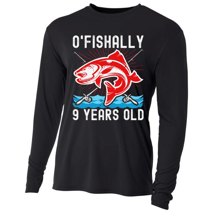 OFishally 9 Years Old Funny Birthday Fishing Cooling Performance Long Sleeve Crew