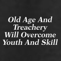 Old Age And Treachery Will Overcome And Skill Apparel 7 Panel Mesh Trucker Snapback Hat