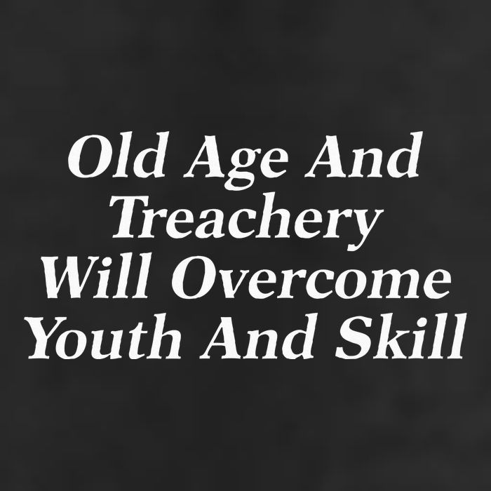 Old Age And Treachery Will Overcome And Skill Apparel 7 Panel Mesh Trucker Snapback Hat