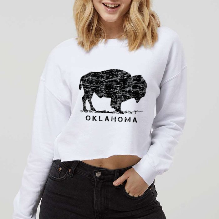 Oklahoma And American Buffalo Bison Cropped Pullover Crew