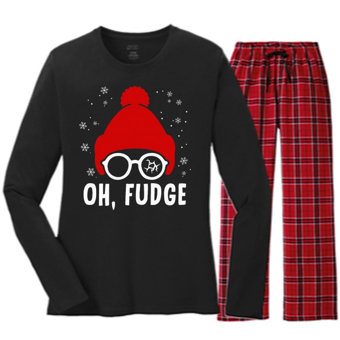 Oh a Fudge Funny Christmas Saying Vintage Xmas Santa Hat Women's Long Sleeve Flannel Pajama Set 