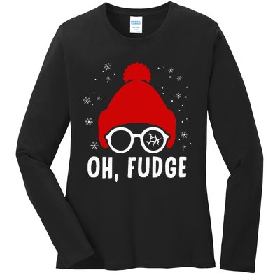 Oh a Fudge Funny Christmas Saying Vintage Xmas Santa Hat Ladies Long Sleeve Shirt