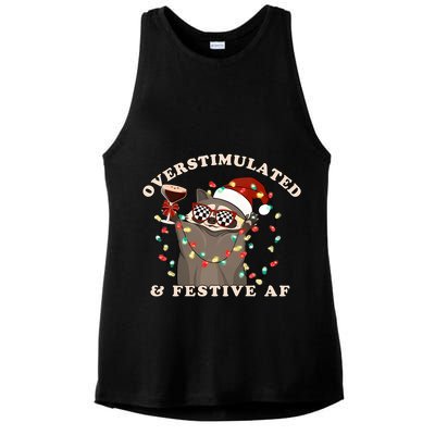 Overstimulated And Festive Af Raccoon Christmas Sweatshirt Ladies PosiCharge Tri-Blend Wicking Tank