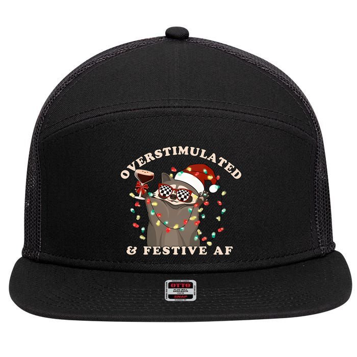 Overstimulated And Festive Af Raccoon Christmas Sweatshirt 7 Panel Mesh Trucker Snapback Hat