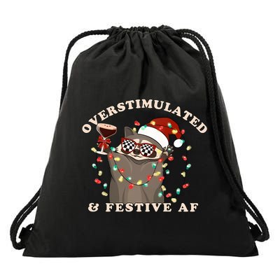 Overstimulated And Festive Af Raccoon Christmas Sweatshirt Drawstring Bag