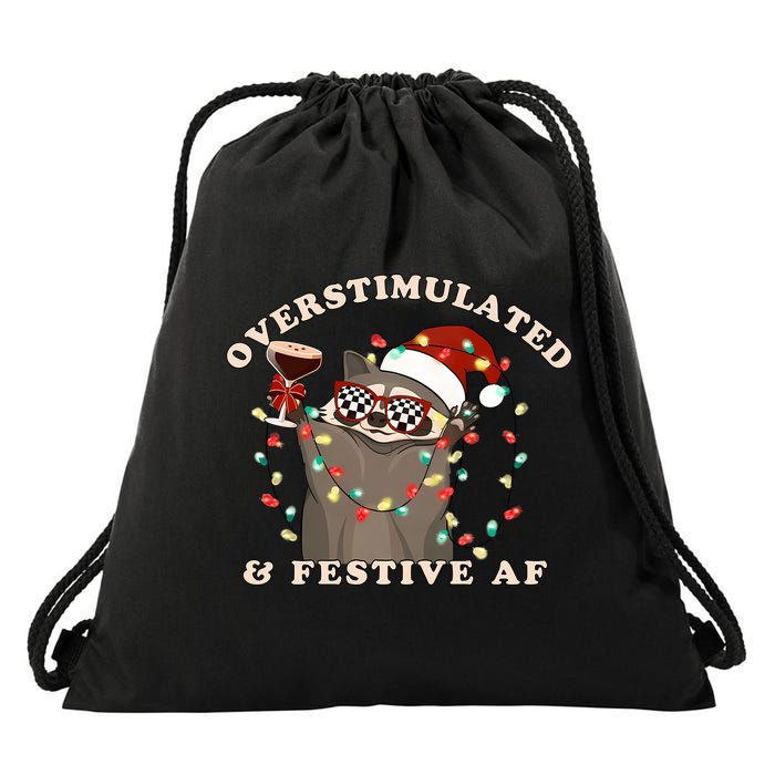 Overstimulated And Festive Af Raccoon Christmas Sweatshirt Drawstring Bag