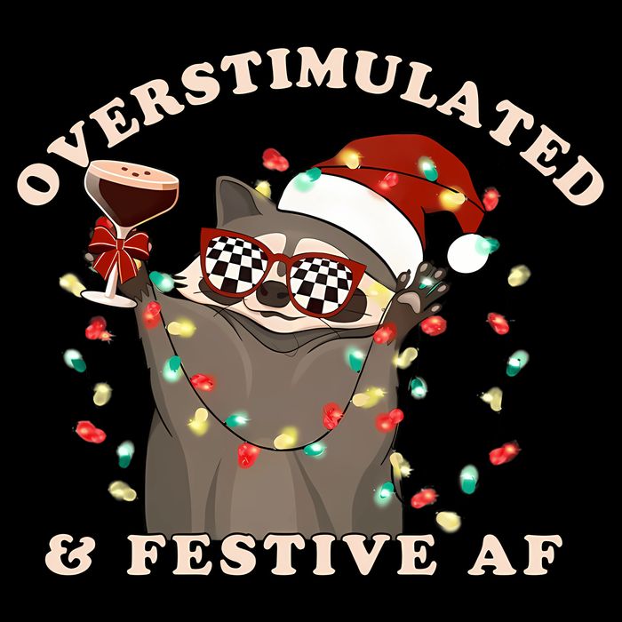 Overstimulated And Festive Af Raccoon Christmas Sweatshirt Drawstring Bag