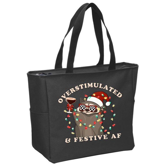 Overstimulated And Festive Af Raccoon Christmas Sweatshirt Zip Tote Bag
