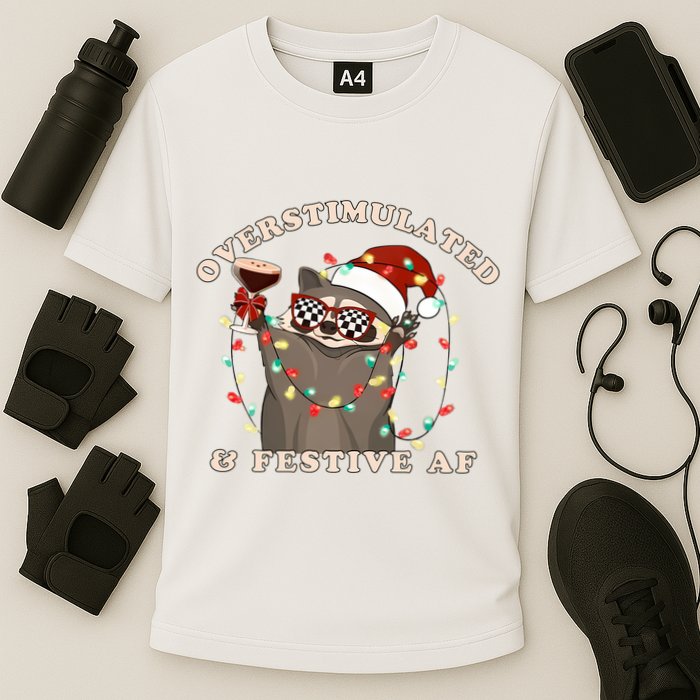 Overstimulated And Festive Af Raccoon Christmas Sweatshirt Cooling Performance Crew T-Shirt