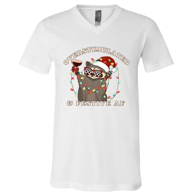 Overstimulated And Festive Af Raccoon Christmas Sweatshirt V-Neck T-Shirt