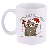 Overstimulated And Festive Af Raccoon Christmas Sweatshirt 11oz C Handle Ceramic Mug