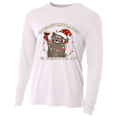 Overstimulated And Festive Af Raccoon Christmas Sweatshirt Cooling Performance Long Sleeve Crew