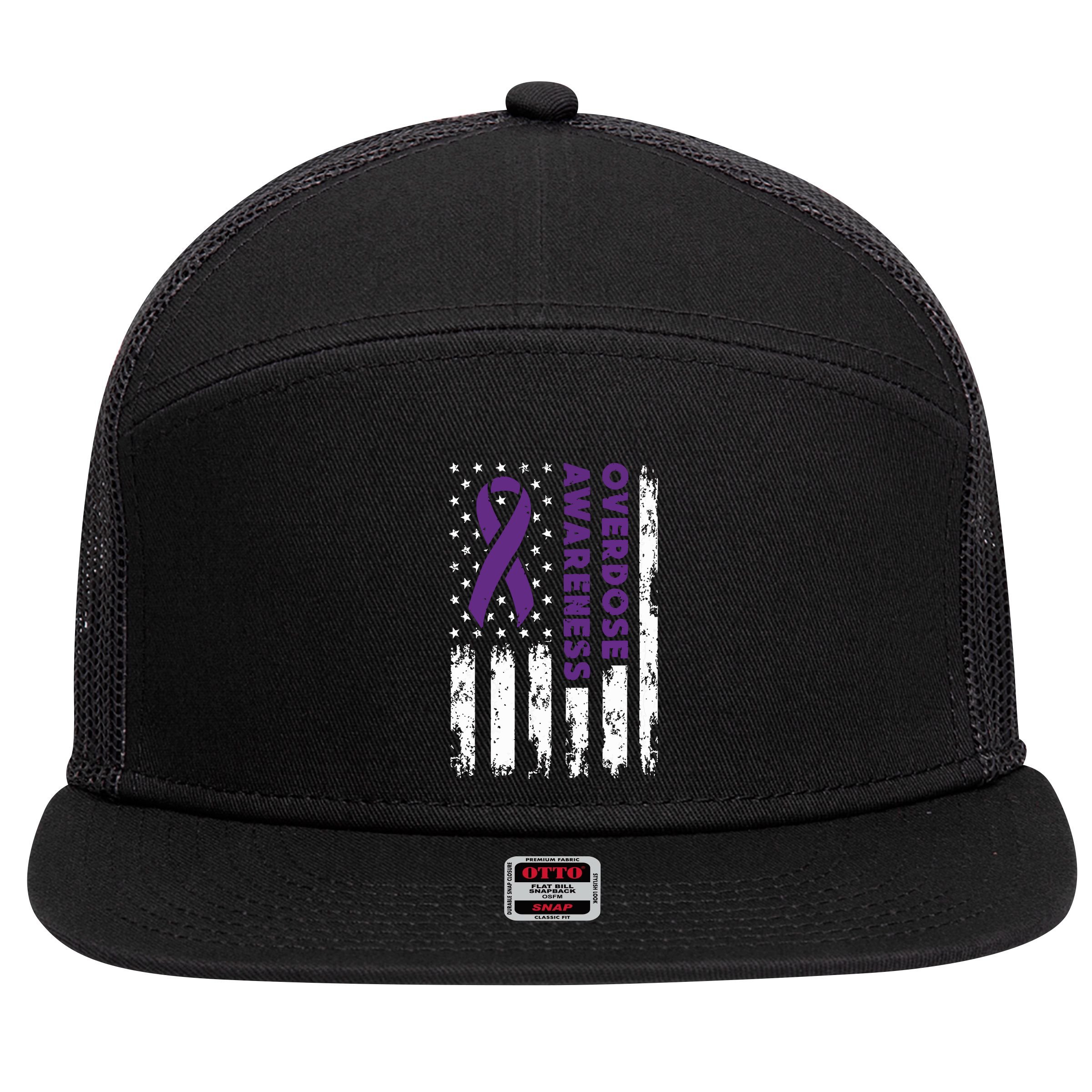Overdose Awareness Flag Purple Ribbon Addiction Recovery 7 Panel Mesh Trucker Snapback Hat