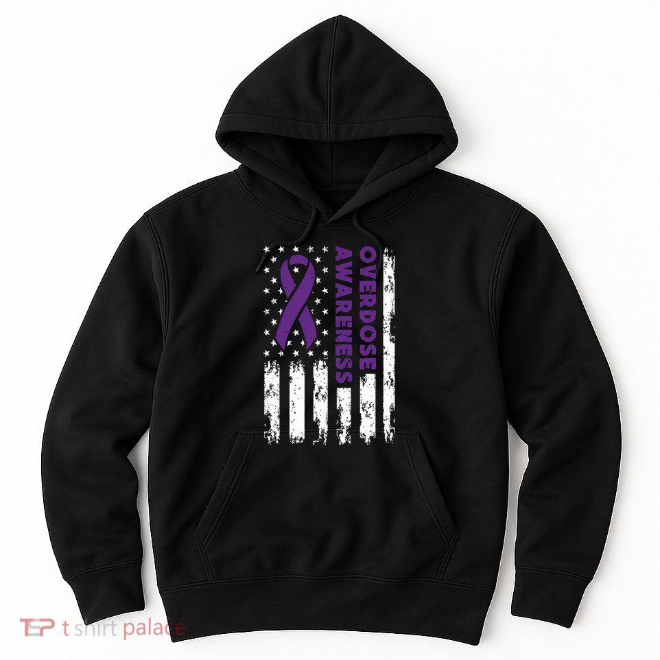 Overdose Awareness Flag Purple Ribbon Addiction Recovery Hoodie