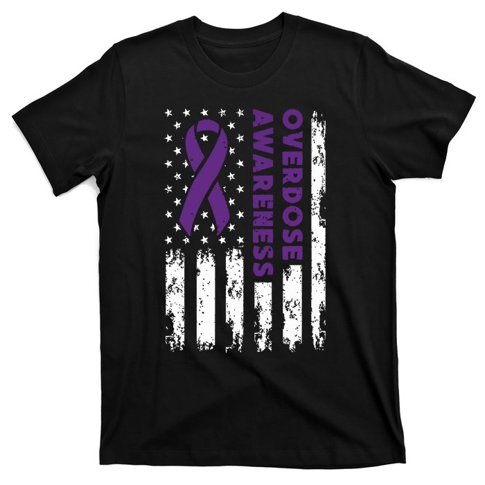 Overdose Awareness Flag Purple Ribbon Addiction Recovery T-Shirt