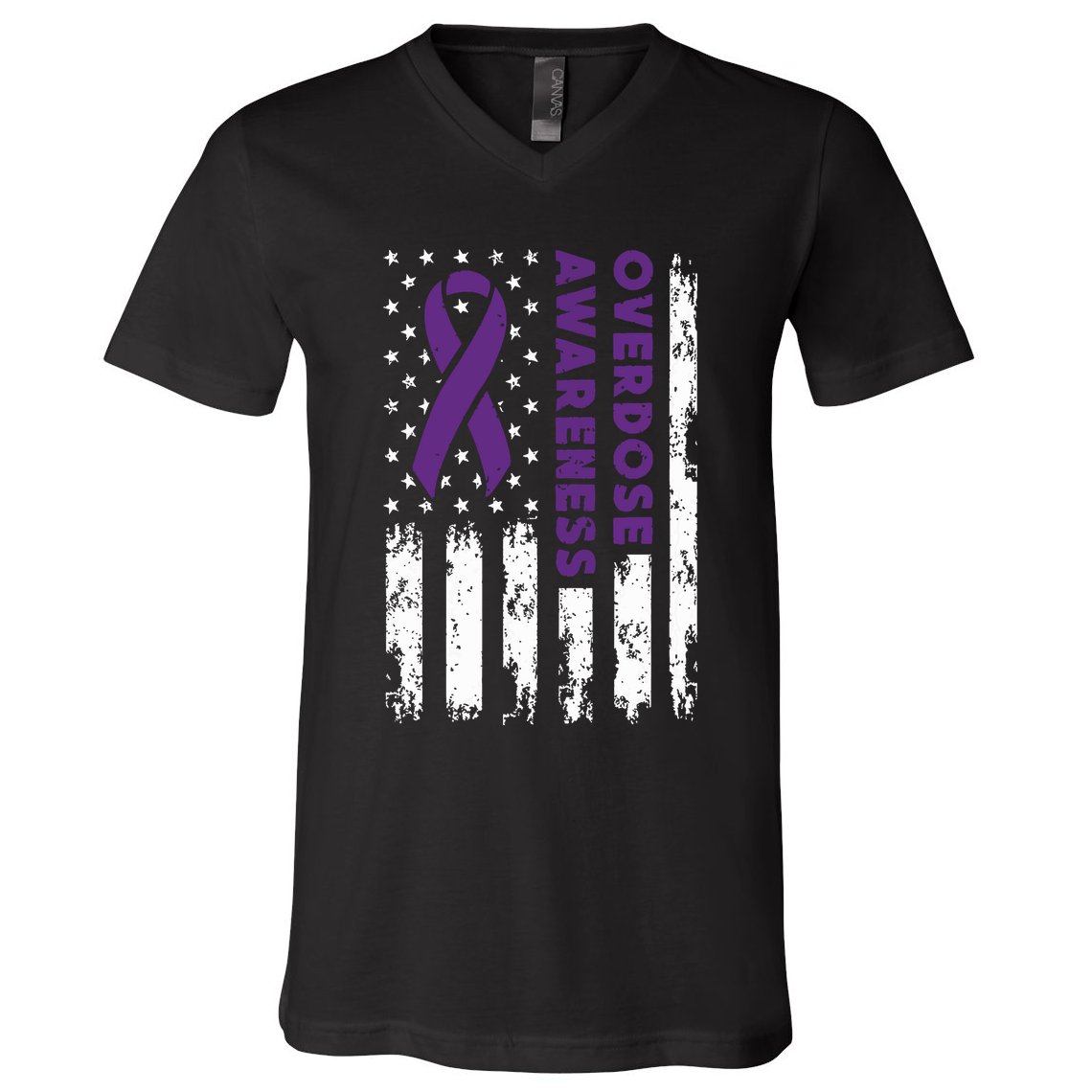 Overdose Awareness Flag Purple Ribbon Addiction Recovery V-Neck T-Shirt