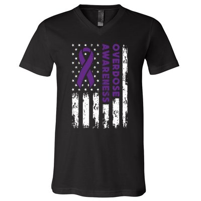 Overdose Awareness Flag Purple Ribbon Addiction Recovery V-Neck T-Shirt