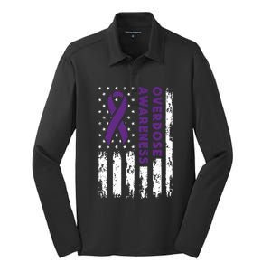 Overdose Awareness Flag Purple Ribbon Addiction Recovery Silk Touch Performance Long Sleeve Polo