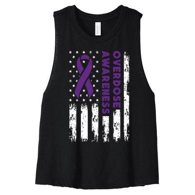 Overdose Awareness Flag Purple Ribbon Addiction Recovery Women's Racerback Cropped Tank