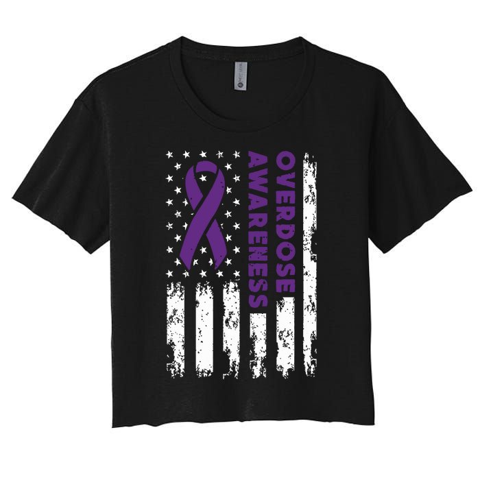 Overdose Awareness Flag Purple Ribbon Addiction Recovery Women's Crop Top Tee