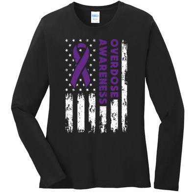 Overdose Awareness Flag Purple Ribbon Addiction Recovery Ladies Long Sleeve Shirt