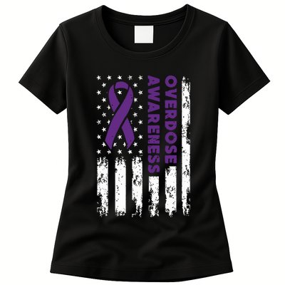 Overdose Awareness Flag Purple Ribbon Addiction Recovery Womens T-Shirt