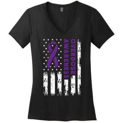 Overdose Awareness Flag Purple Ribbon Addiction Recovery Women's V-Neck T-Shirt