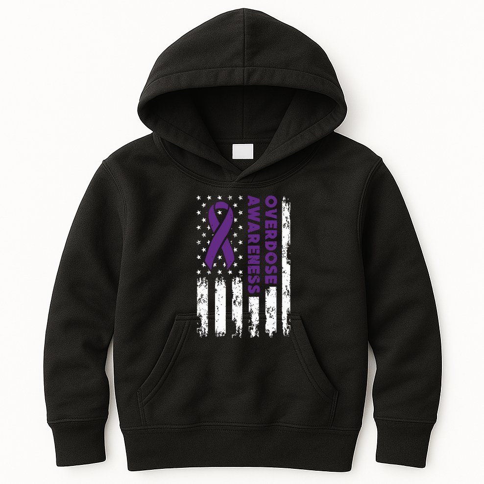 Overdose Awareness Flag Purple Ribbon Addiction Recovery Kids Hoodie