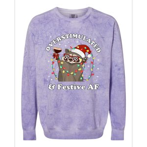 Overstimulated And Festive Af Raccoon Christmas Martini Bow Gift Colorblast Crewneck Sweatshirt