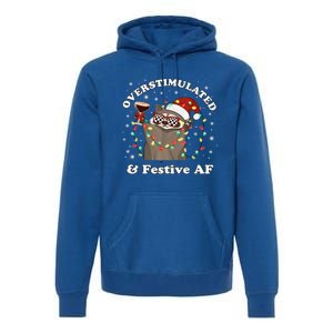 Overstimulated And Festive Af Raccoon Christmas Martini Bow Gift Premium Hoodie