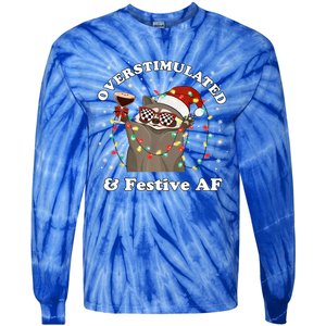 Overstimulated And Festive Af Raccoon Christmas Martini Bow Gift Tie-Dye Long Sleeve Shirt