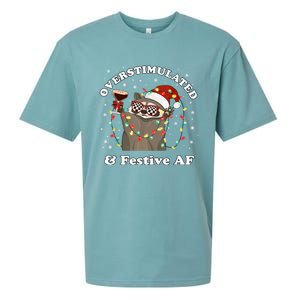 Overstimulated And Festive Af Raccoon Christmas Martini Bow Gift Sueded Cloud Jersey T-Shirt