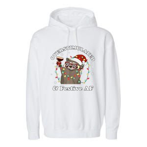 Overstimulated And Festive Af Raccoon Christmas Martini Bow Gift Garment-Dyed Fleece Hoodie